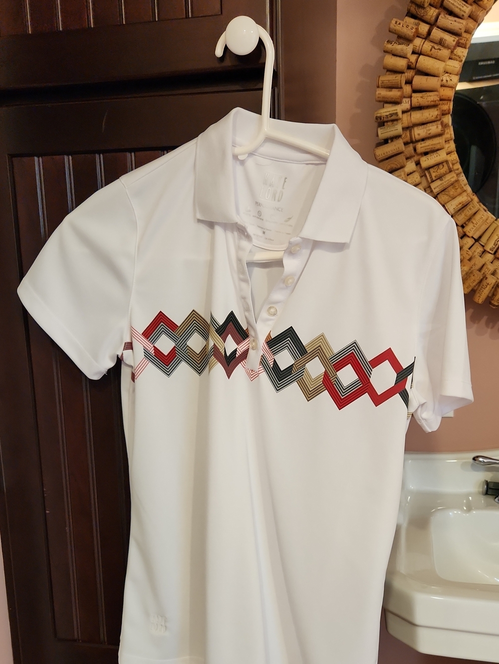 Womens White Golf Performance Shirt with Geometric Accent M